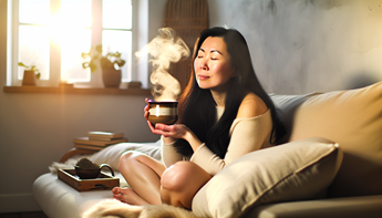 Personne se relaxant avec une tasse de tisane au CBD