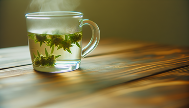 Une tasse d'infusion au CBD avec des fleurs de chanvre flottant dans l'eau chaude