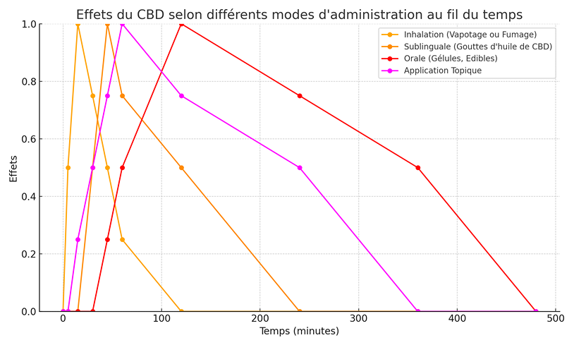 Graphique montrant les effets du CBD au fil du temps selon différents modes d'administration : inhalation, voie sublinguale, voie orale, et application topique.